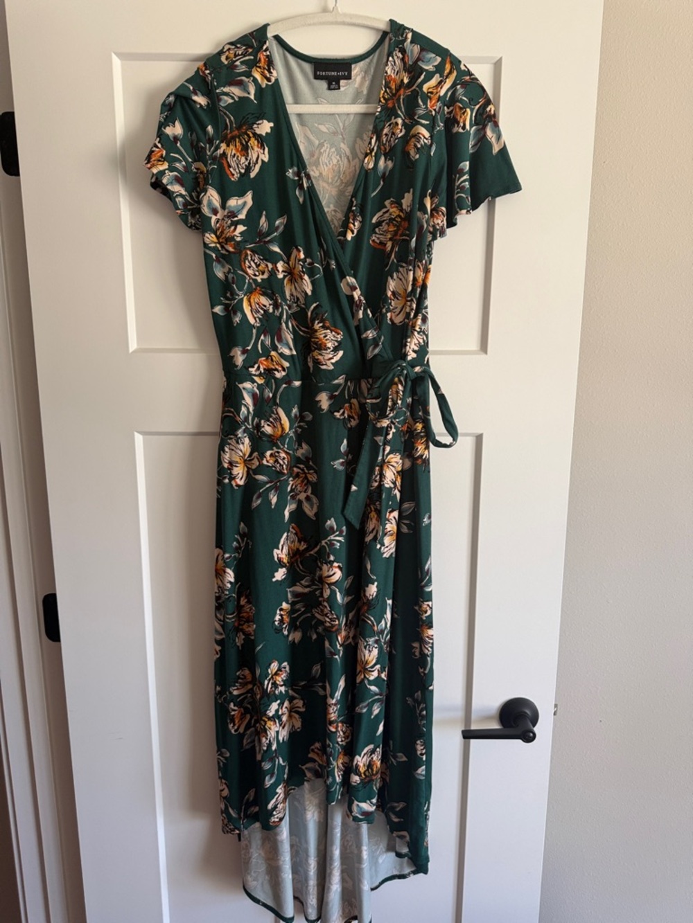Fortune + Ivy Dark Green Floral High-Low Wrap Dress